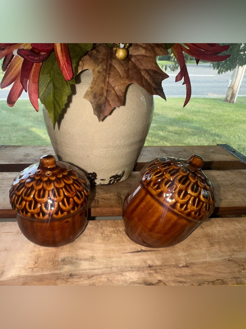 Ceramic Textured Acorn Salt and Pepper Shakers - Brown Glaze. - New